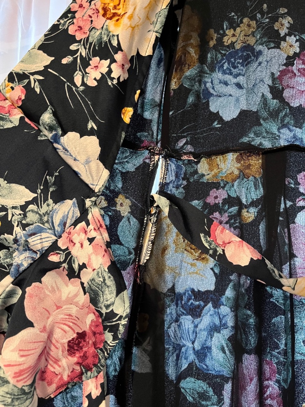 Colorful wrap dress, with ruffles, full length, lined